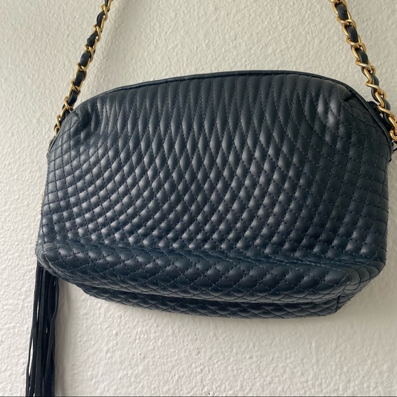 Vintage Navy Quilted Leather Gold Chain Strap Tassel Shoulder handbag crossbody - Picture 8 of 16